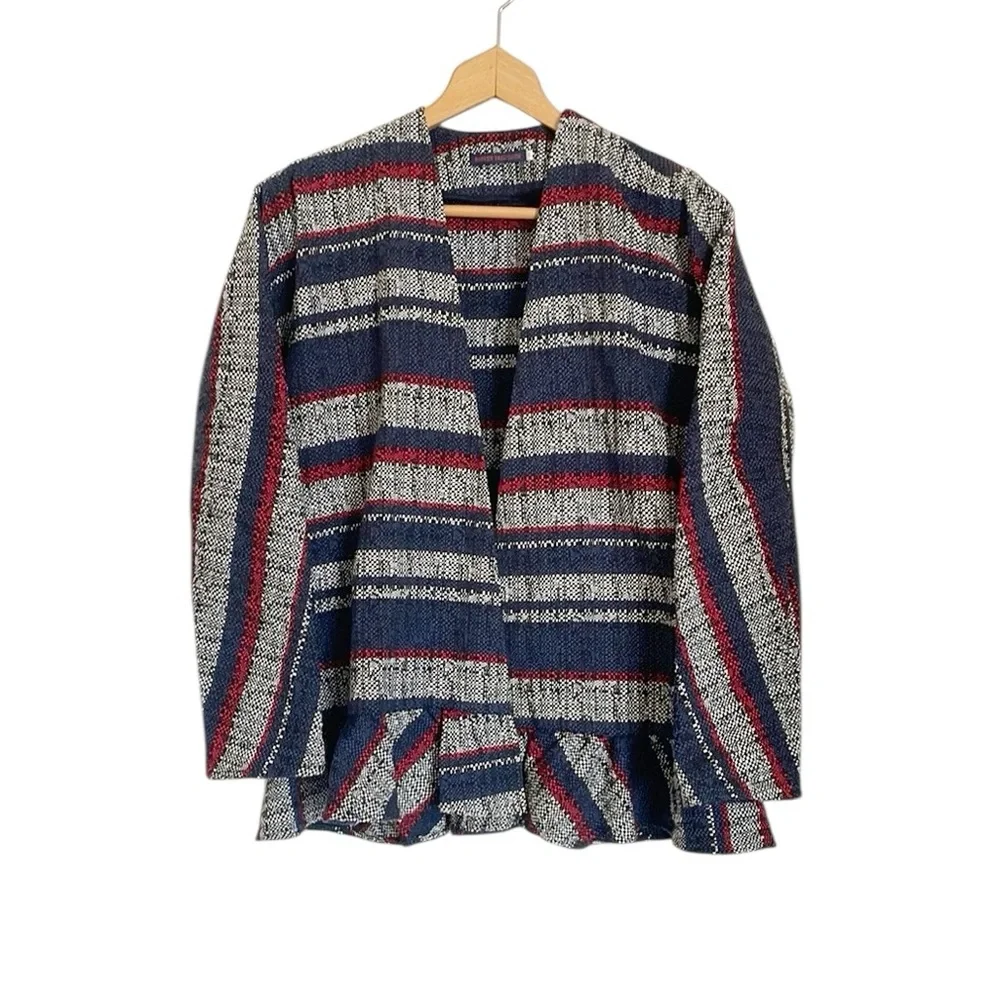 Harvey Faircloth Open Front Woven Stripe Blue Red Ruffle Hem Blazer Jacket sz 0